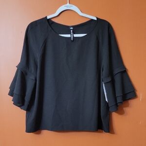 Design Lab Lord & Taylor Black Tiered Ruffle Sleeve Blouse